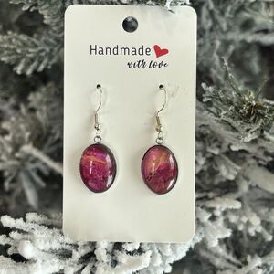 Handmade Poured Paint Oval Earrings Red Yellow Swirl Stainless Steel Artisan